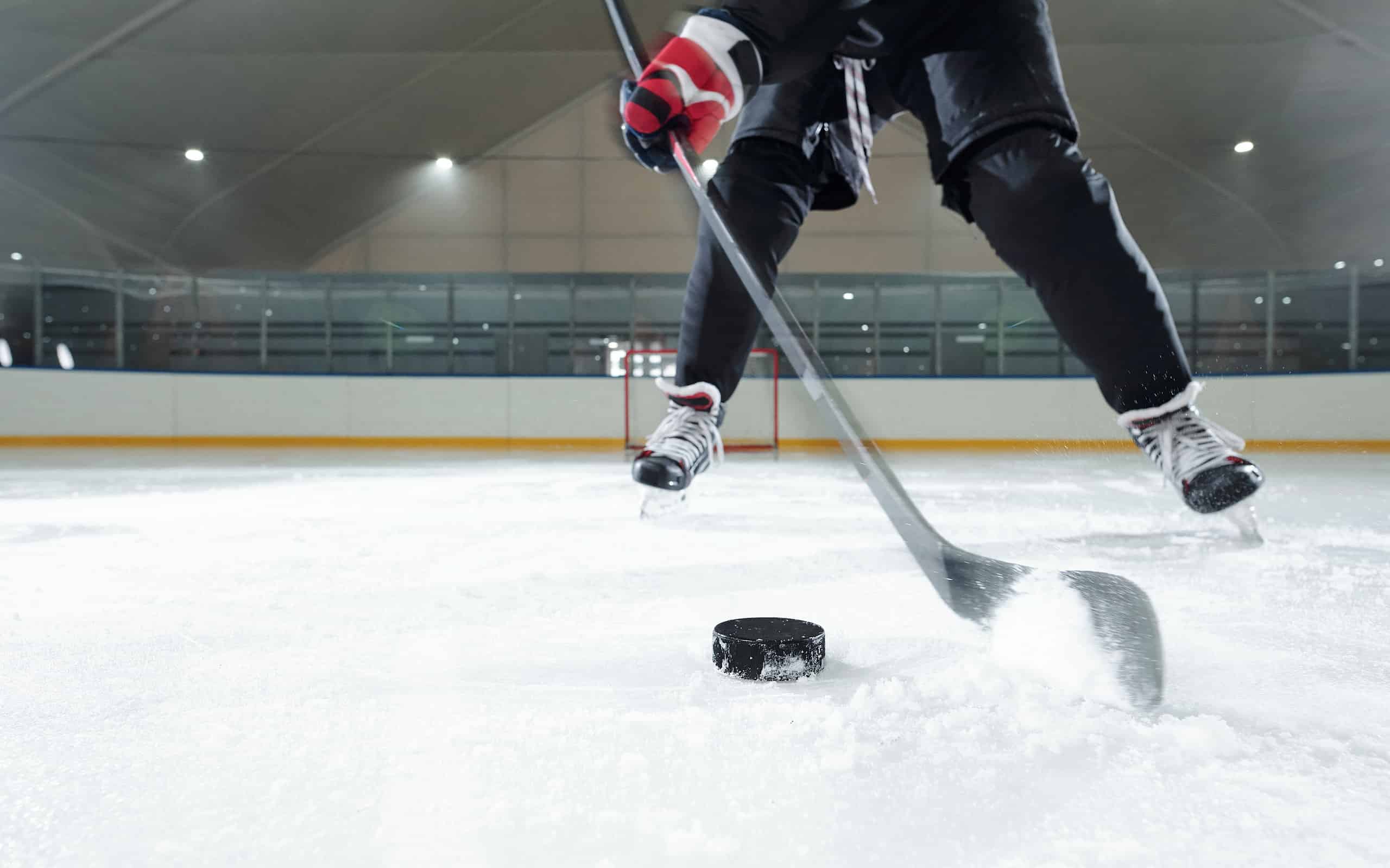 Giocatore di hockey, disco da hockey, ghiaccio, pista di pattinaggio, interno