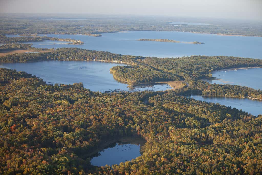 Vista aerea di laghi e alberi in colore autunnale vicino a Brainerd Minnesota