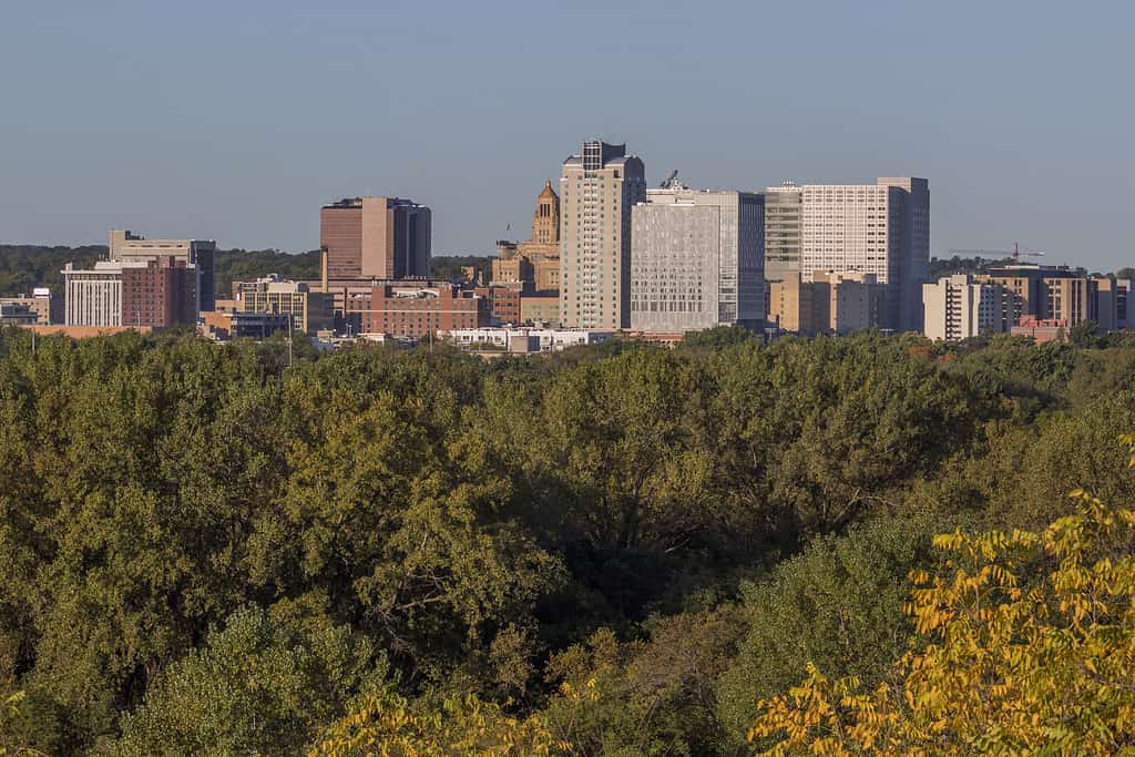 Downtown Rochester, Minnesota Skyline durante una limpida giornata autunnale