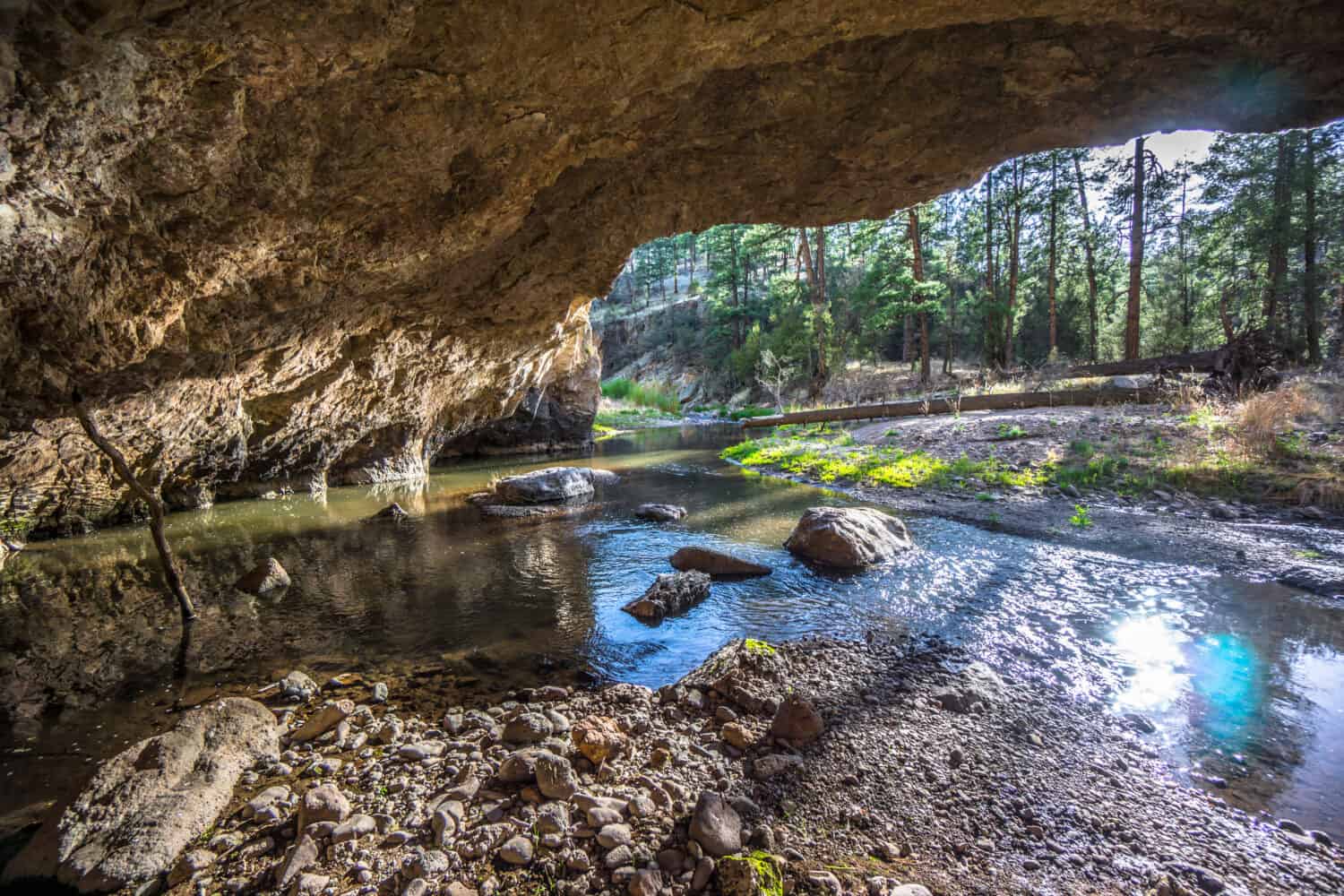 Guardando fuori da una grotta lungo il fiume Middle Fork Gila nel Gila Wilderness New Mexico - L'acqua che scorre nella grotta