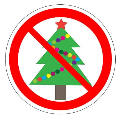Illustrazione di un segnale proibito con un albero di Natale.  Nessun vettore dell'albero di Natale