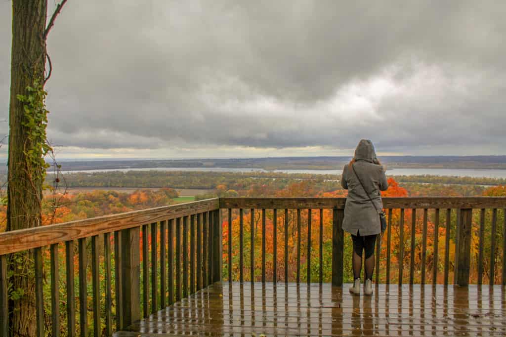 Giovane donna che si affaccia sulle colorate foglie autunnali, sul fiume Mississippi e sulle nuvole grigie al Pere Marquette State Park a Grafton Illinois