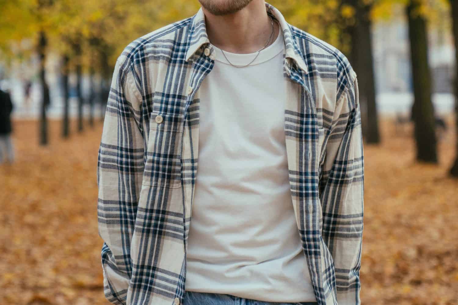 torso dell'uomo che indossa flanella in autunno
