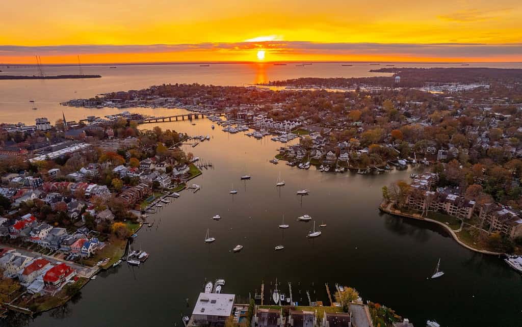 Una ripresa aerea del porto di Annapolis e della baia di Chesapeake al tramonto.