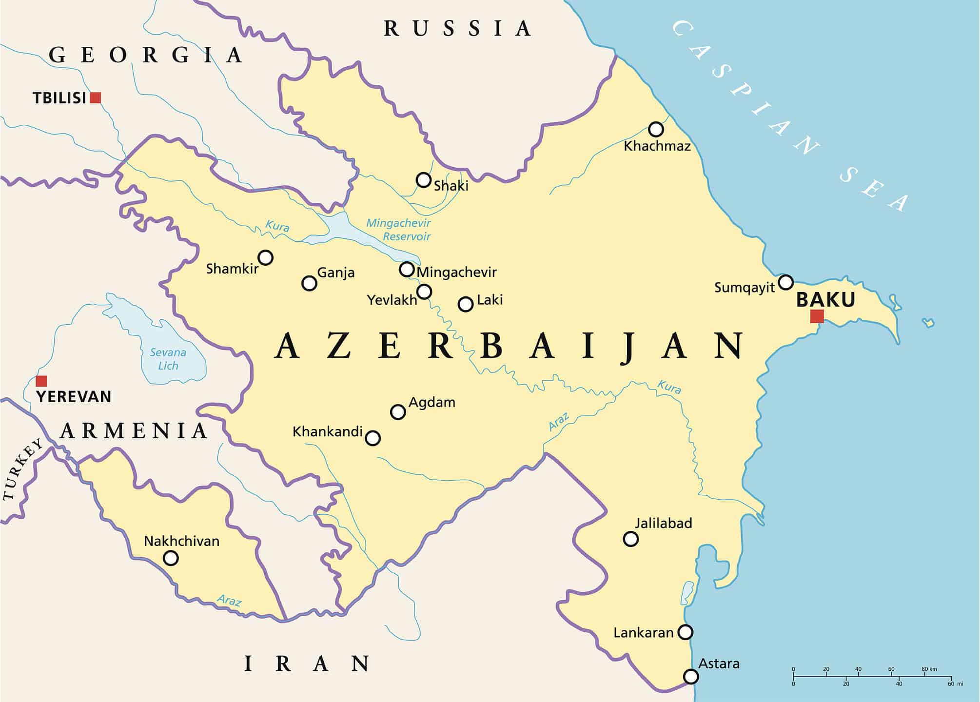 Mappa dell'Azerbaigian e delle aree circostanti.