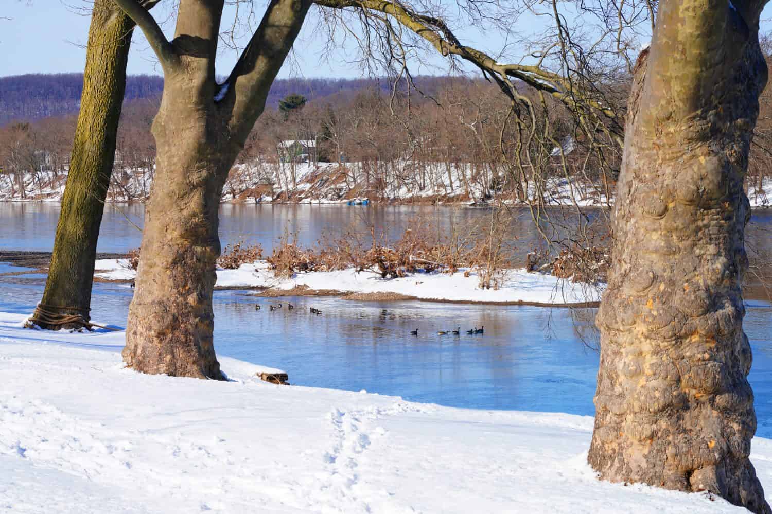 Vista invernale del fiume Delaware che collega la contea di Bucks, Pennsylvania, e la contea di Hunterdon, New Jersey a Washington Crossing