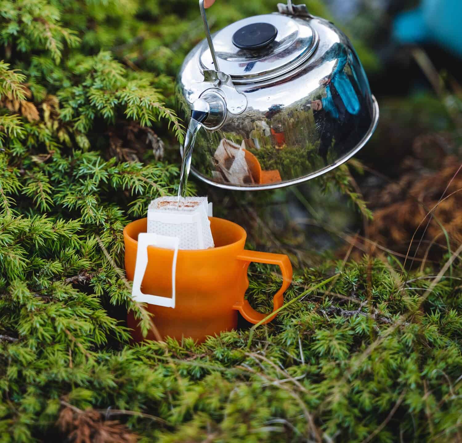 La mano tiene il bollitore in natura per versare l'acqua bollente in una tazza, preparare un sacchetto filtro per il caffè, una bevanda istantanea in natura, una rapida preparazione della colazione.  Foto di alta qualità