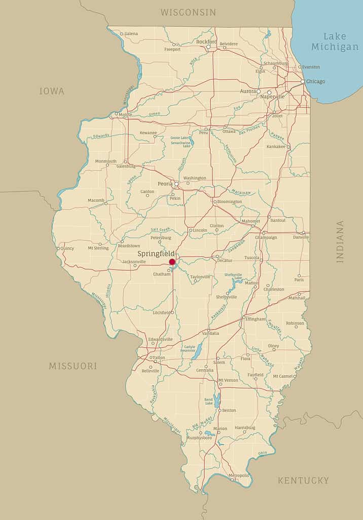 Mappa stradale dell'Illinois, stato federale americano degli Stati Uniti.