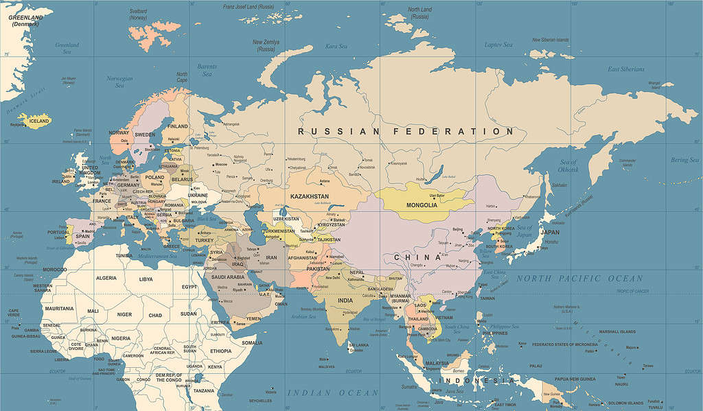 Eurasia Europa Russia Cina India Indonesia Thailandia Mappa - Illustrazione vettoriale