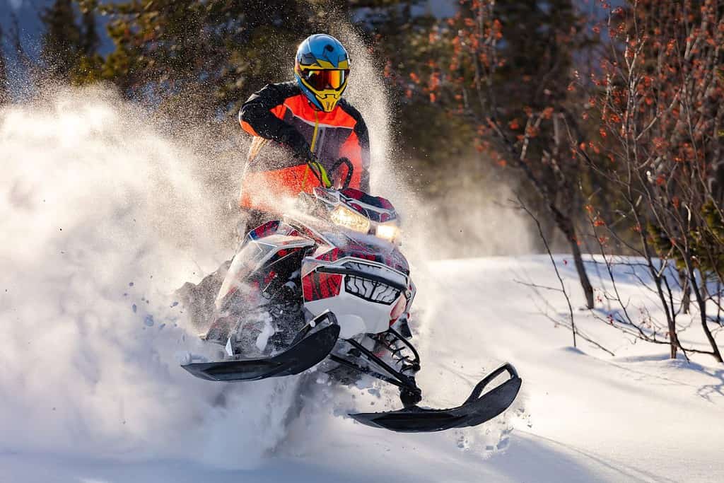 il ragazzo sta volando e saltando su una motoslitta sullo sfondo di una foresta invernale lasciando una scia di spruzzi di neve bianca.  motoslitta luminosa e tuta senza marchi.  altissima qualità