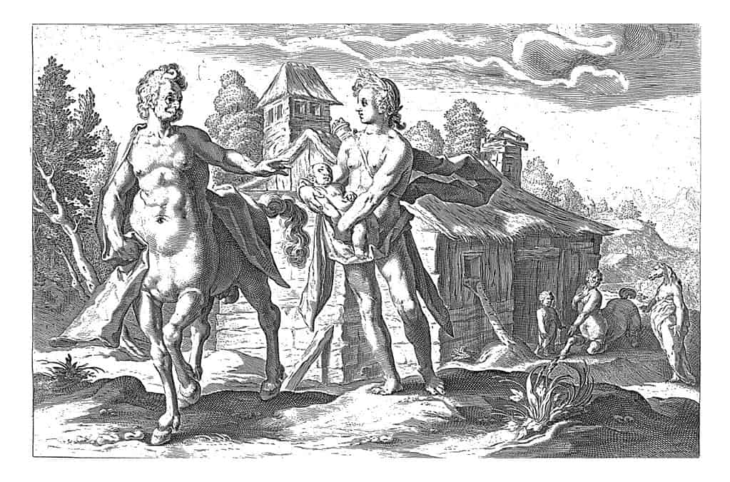 Apollo consegna suo figlio Asclepio, che ha tagliato fuori dal ventre di Coronis dopo averle sparato, al centauro Chirone, incisione d'epoca.