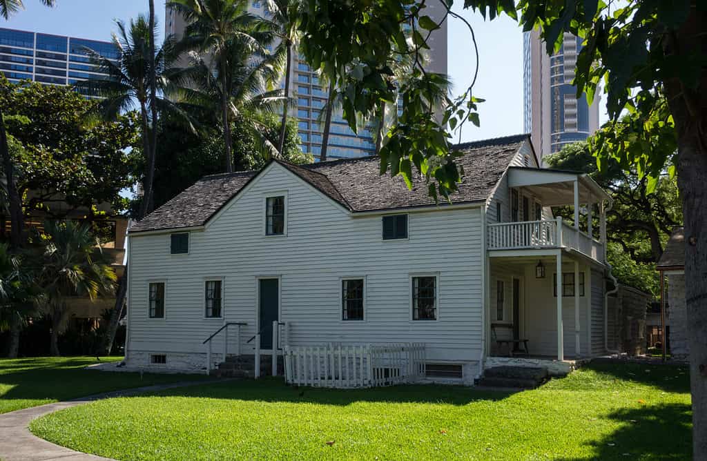 Vecchio edificio con assi di telaio al Mission Houses Museum di Honolulu, Oahu, Hawaii