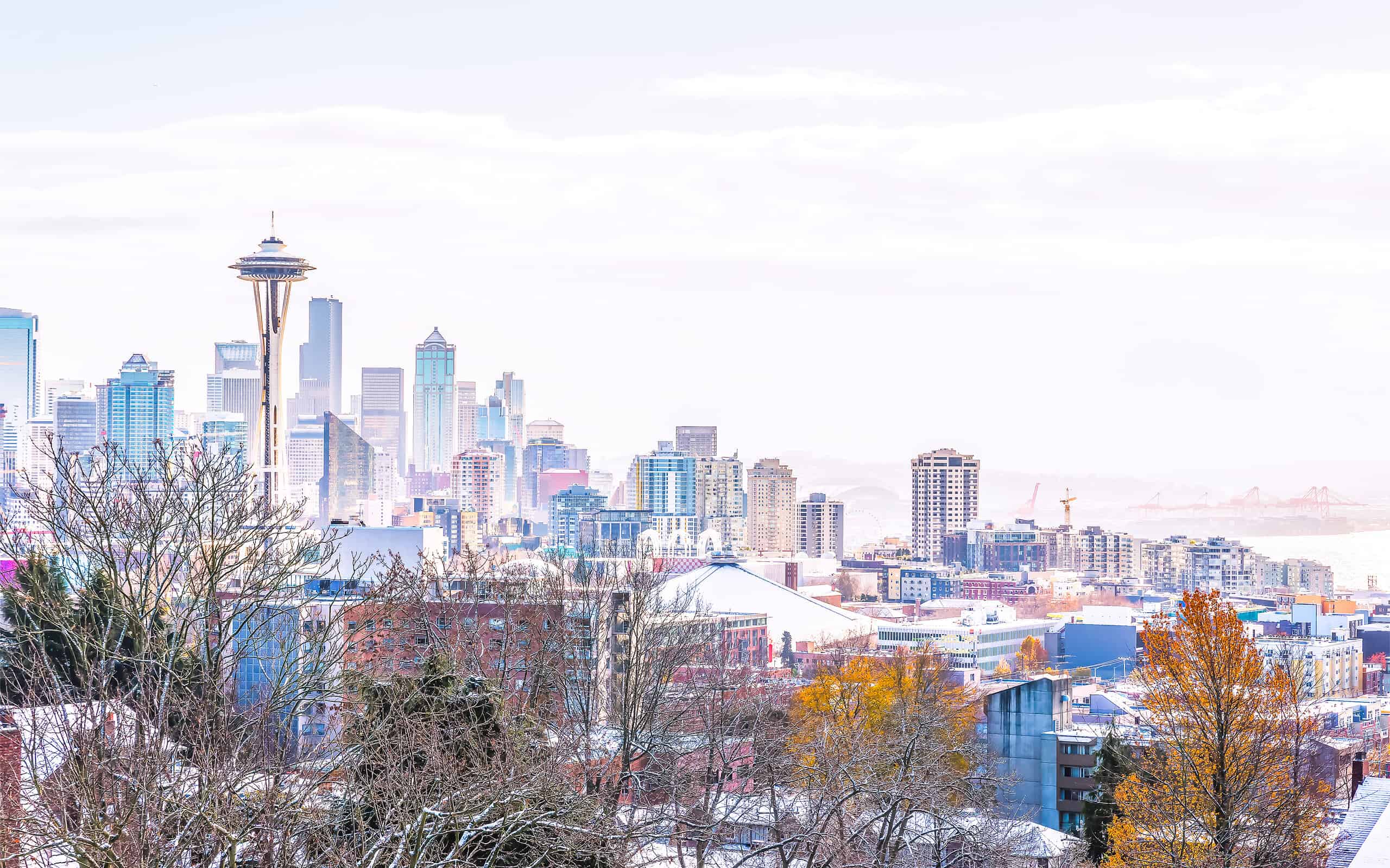 Paesaggio urbano di Seattle con neve coperta.