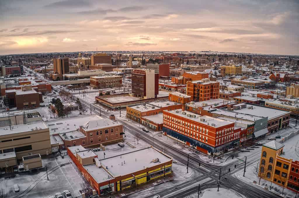 Veduta aerea di Cheyenne, Wyoming al tramonto durante l'inverno