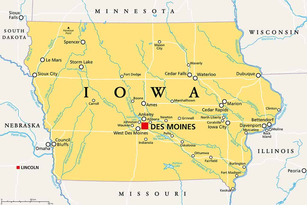 Iowa, IA, mappa politica, stato americano, soprannominato The Hawkeye State