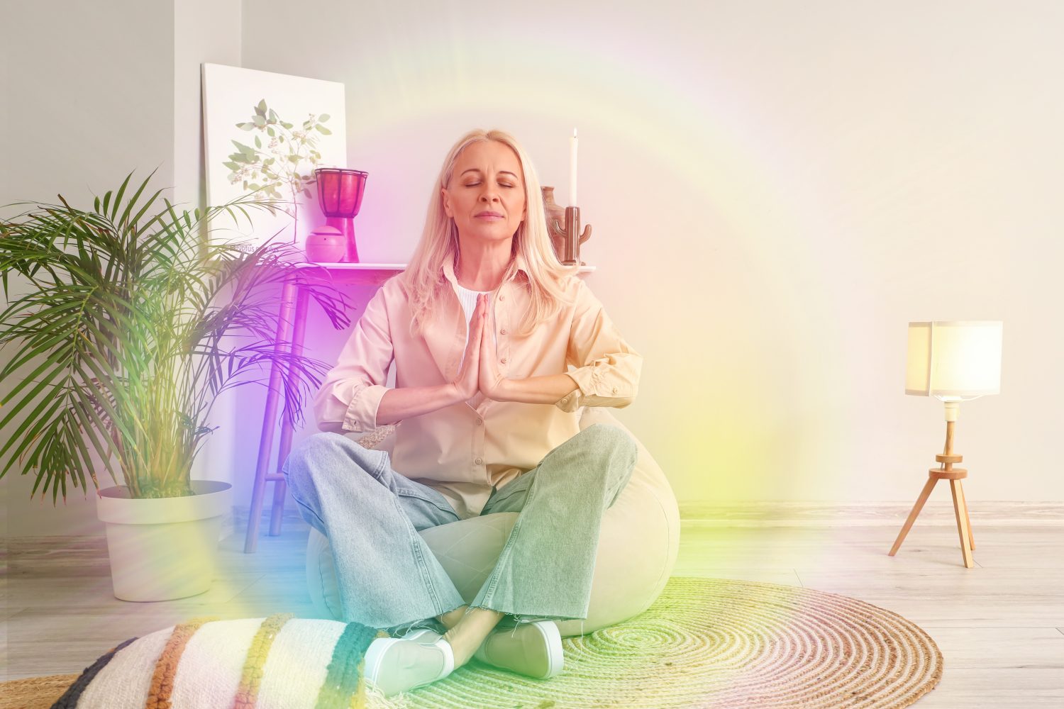 Meditando donna matura con aura colorata a casa