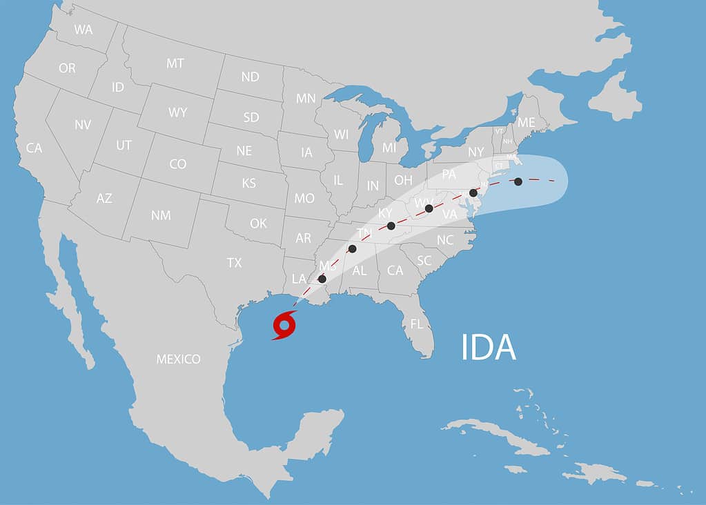 L'uragano IDA si sposta negli Stati Uniti.  Mappa del mondo.  Illustrazione vettoriale.  ENV 10