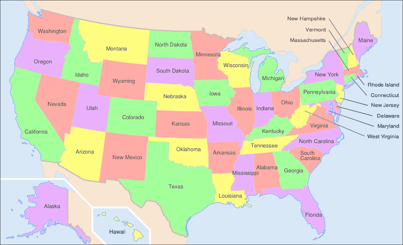 Mappa degli Stati Uniti con i nomi degli stati