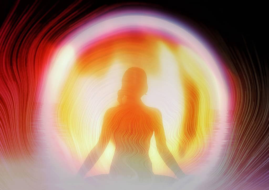 Illustrazione 3d della silhouette di una donna meditante con effetti di luce