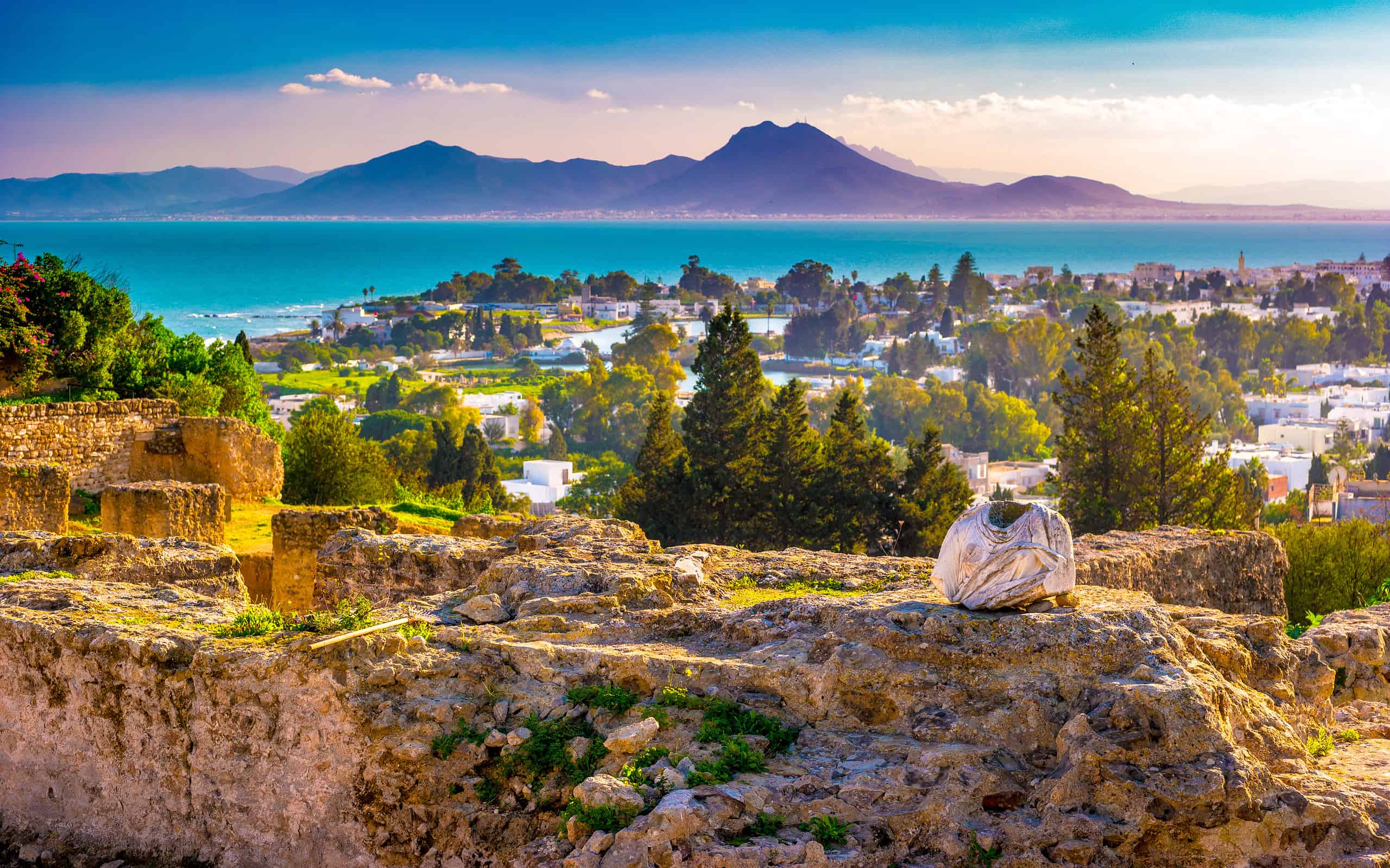 Vista dalla collina Byrsa con antichi resti di Cartagine e paesaggio