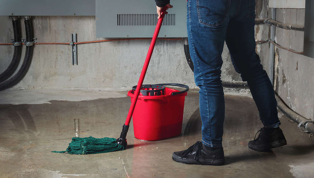 Donna che pulisce le inondazioni causate da perdite d'acqua nel seminterrato o nella sala elettrica.