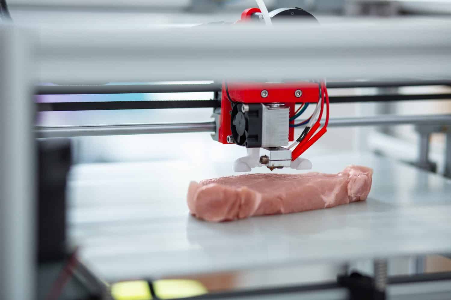 Assolutamente uguali.  Il primo piano di una stampante 3D che ricrea un pezzo di carne, imitandone tutti i più piccoli dettagli
