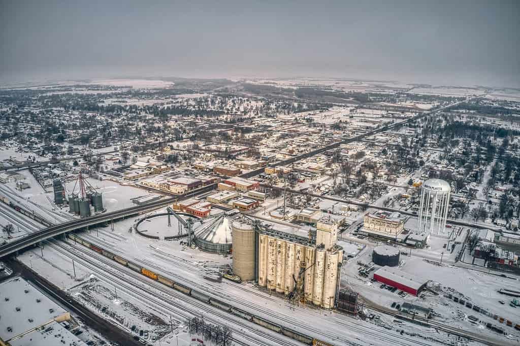 Veduta aerea di North Platte, Nebraska in inverno
