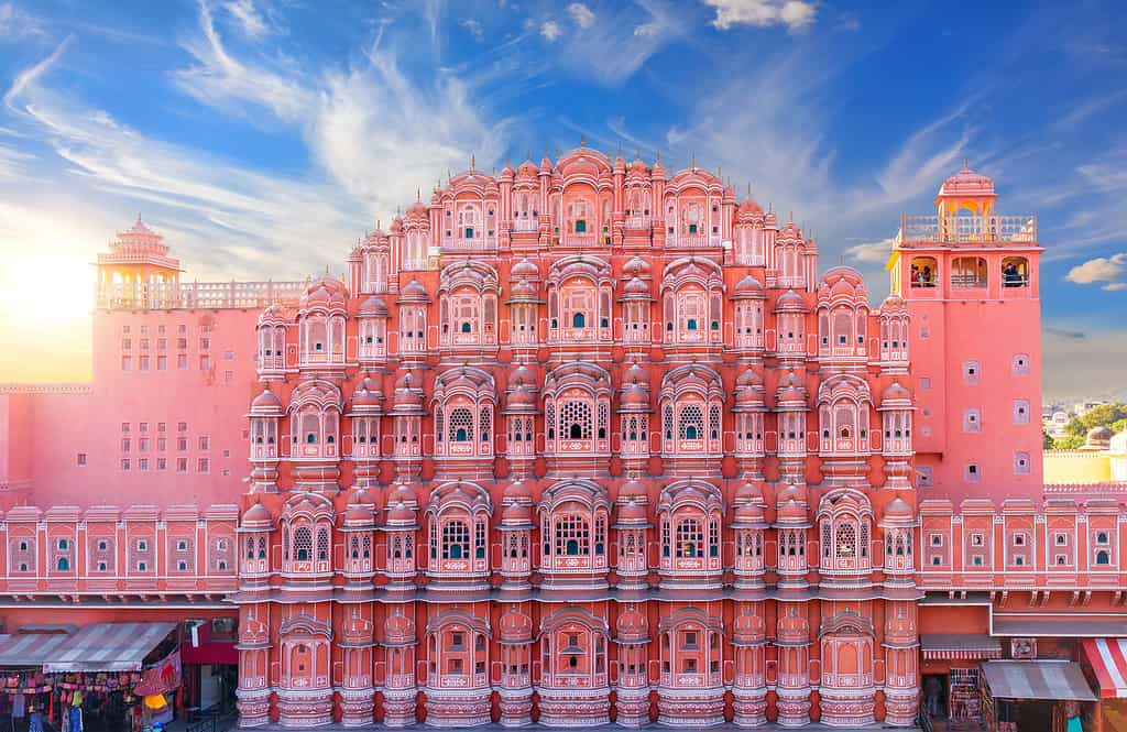 Palazzo rosa Hawa Mahal, Jaipur, India, bellissima vista del tramonto