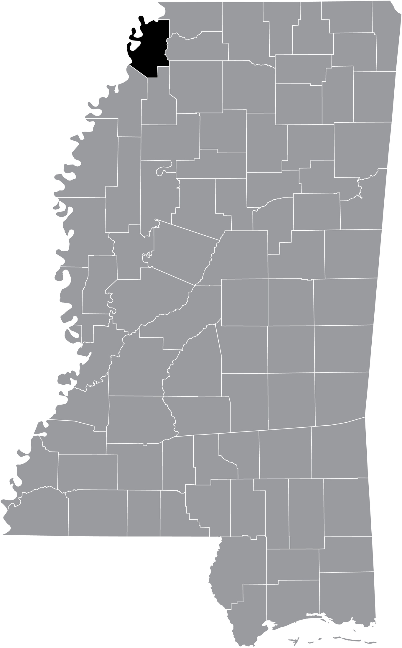 Mappa con la posizione della contea di Tunica del Mississippi, USA