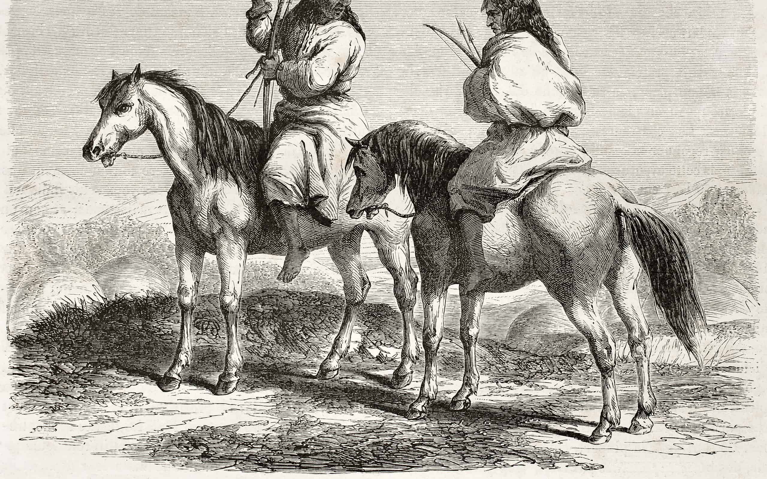 Vecchia illustrazione del popolo Comanche a cavallo.  Creato da Duveaux dopo un rapporto redatto sotto la direzione del segretario alla guerra degli Stati Uniti.  Pubblicato su Le Tour du Monde, Parigi, 1860