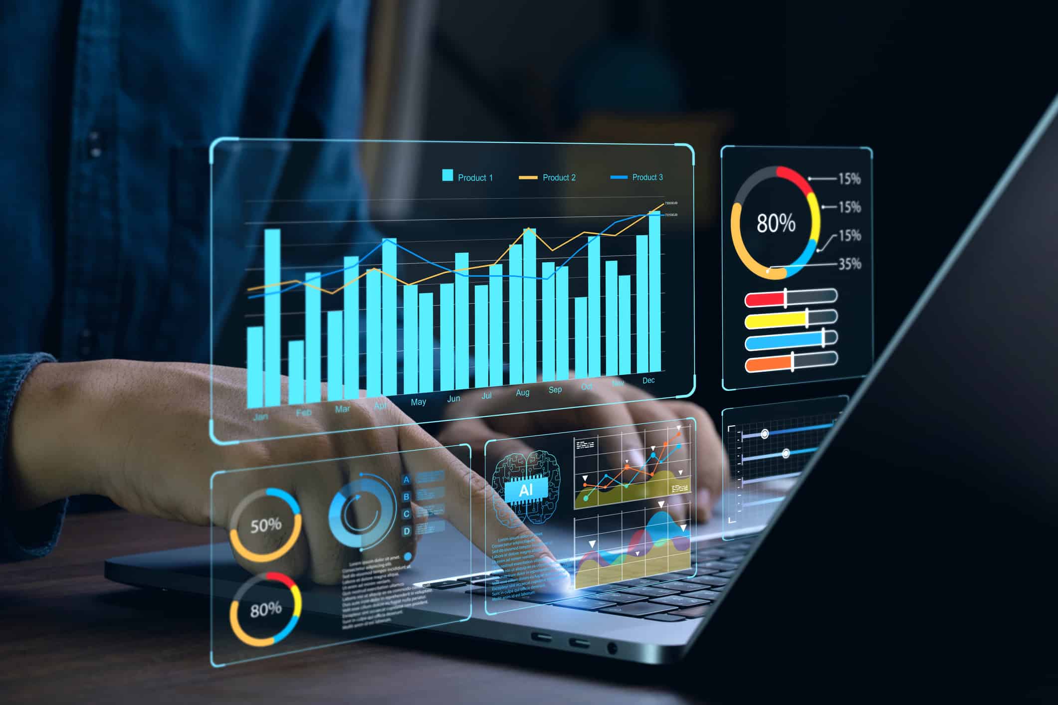L'uomo d'affari lavora su un laptop mostrando il dashboard di analisi aziendale con grafici, parametri e KPI per analizzare le prestazioni e creare report approfonditi per la gestione delle operazioni.  Concetto di analisi dei dati.Ai