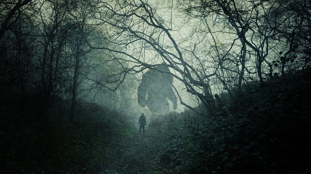 Un concetto oscuro e atmosferico di un enorme mostro bigfoot.  Staglia in una foresta.  Con una persona che li guarda.  In una giornata invernale spettrale e nebbiosa.