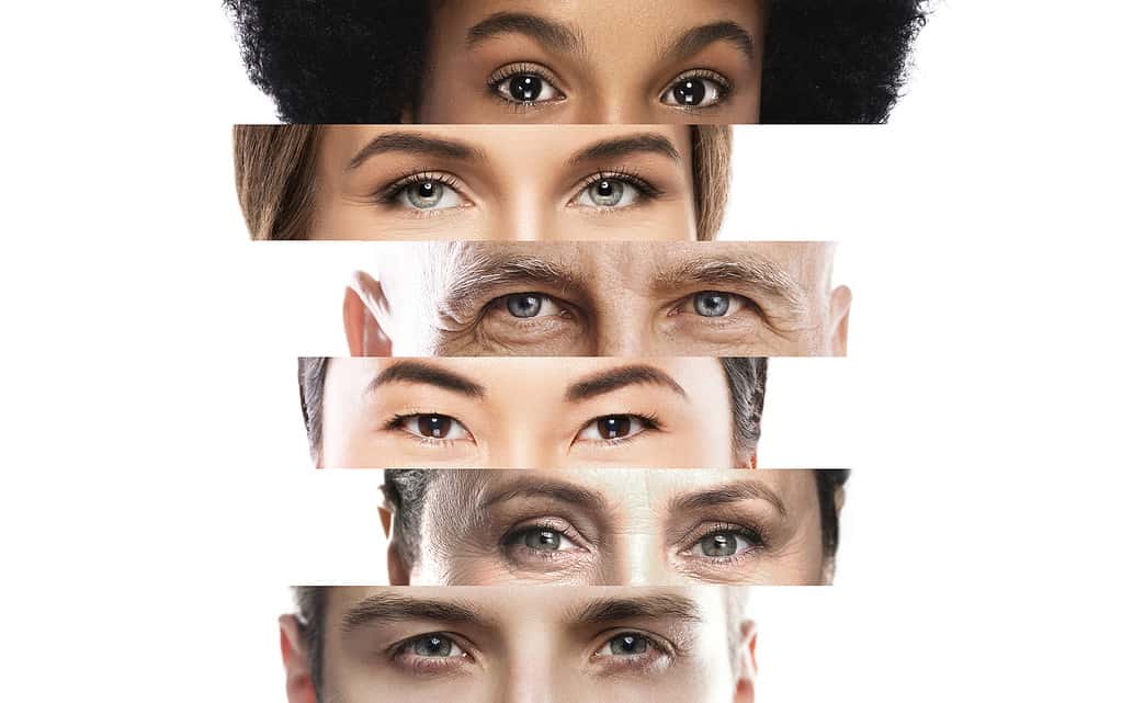 Collage con occhi maschili e femminili ravvicinati di diversa etnia ed età