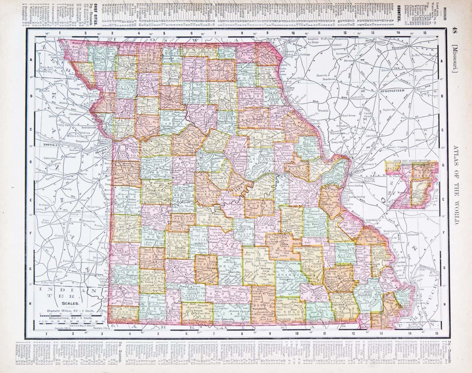 Una mappa del Missouri, USA, dall'Atlante del mondo di Spofford, stampata negli Stati Uniti nel 1900, creata da Rand McNally & Co.