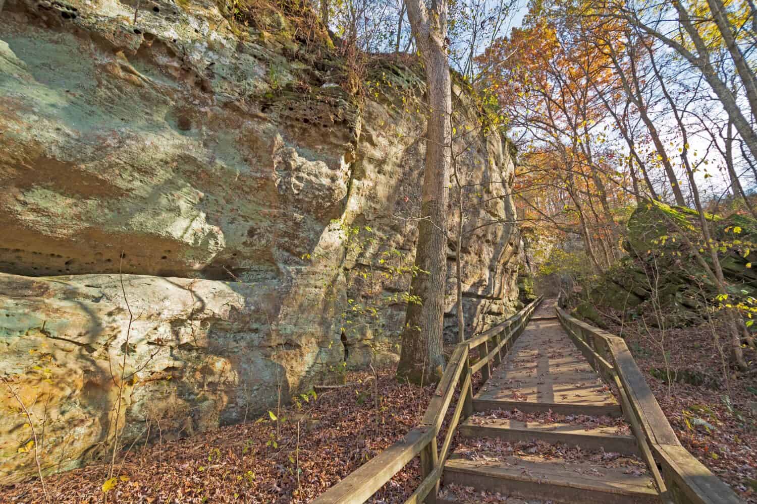 Sentiero tranquillo lungo una cresta di arenaria nel Giant City State Park nell'Illinois