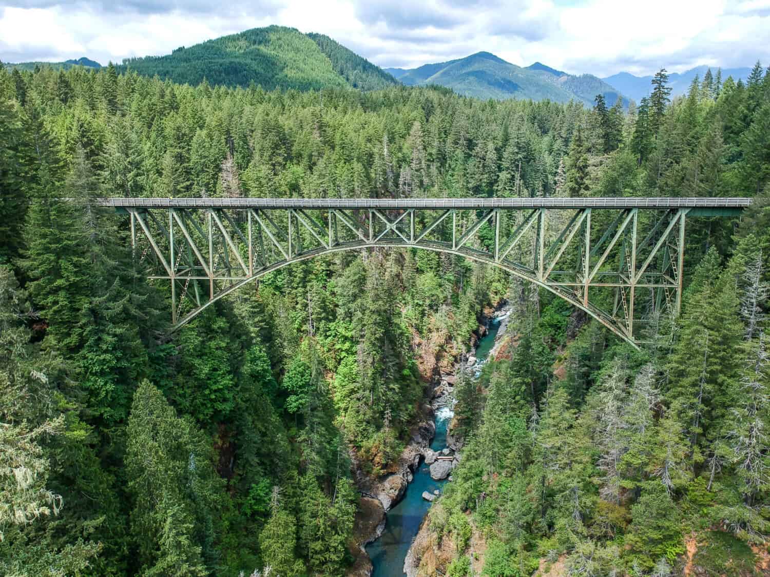 High Steel Bridge, un ponte ad arco reticolare sopra il fiume Skokomish a Washington, USA