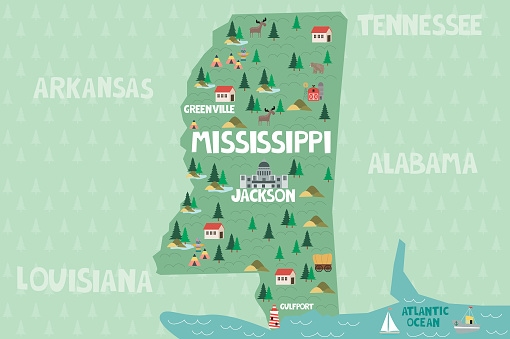 Mappa illustrata dello stato del Mississippi negli Stati Uniti