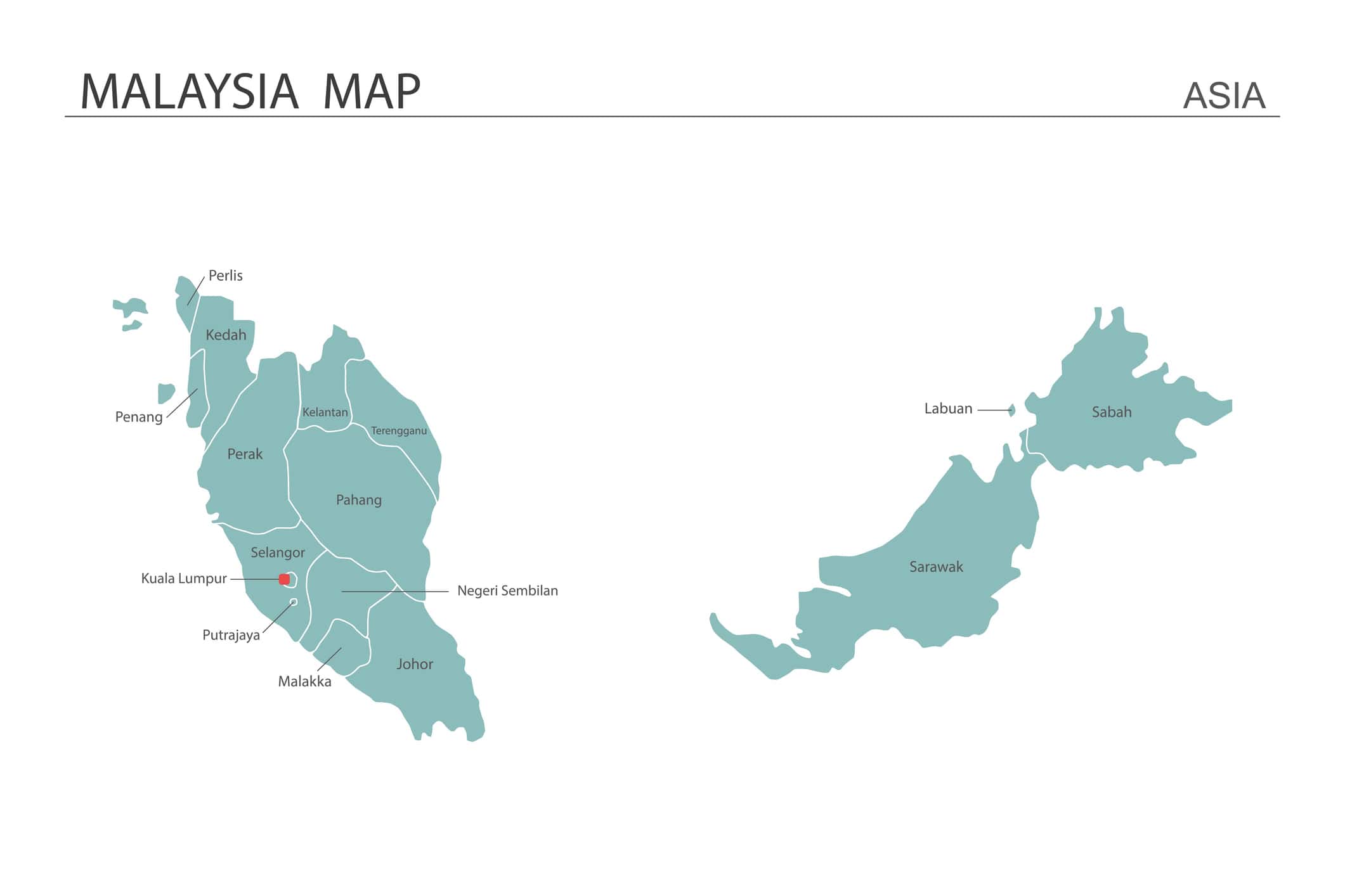 Illustrazione vettoriale della mappa della Malesia su sfondo bianco.  La mappa mostra tutte le province e indica la capitale della Malesia.