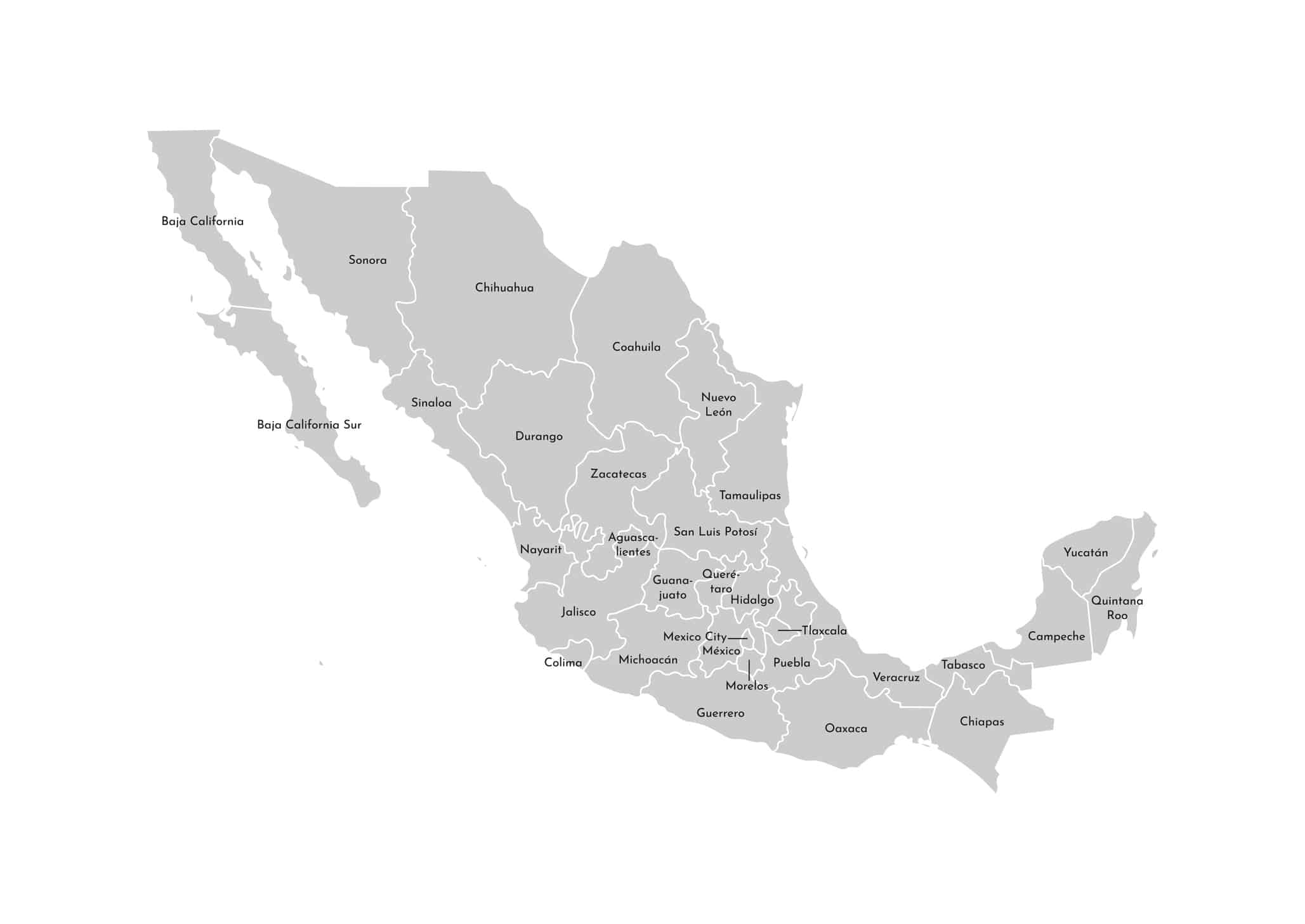 Illustrazione vettoriale isolata della mappa amministrativa semplificata del Messico (Stati Uniti del Messico)ï»¿.  Confini e nomi delle province (regioni).  Sagome grigie.  Contorno bianco