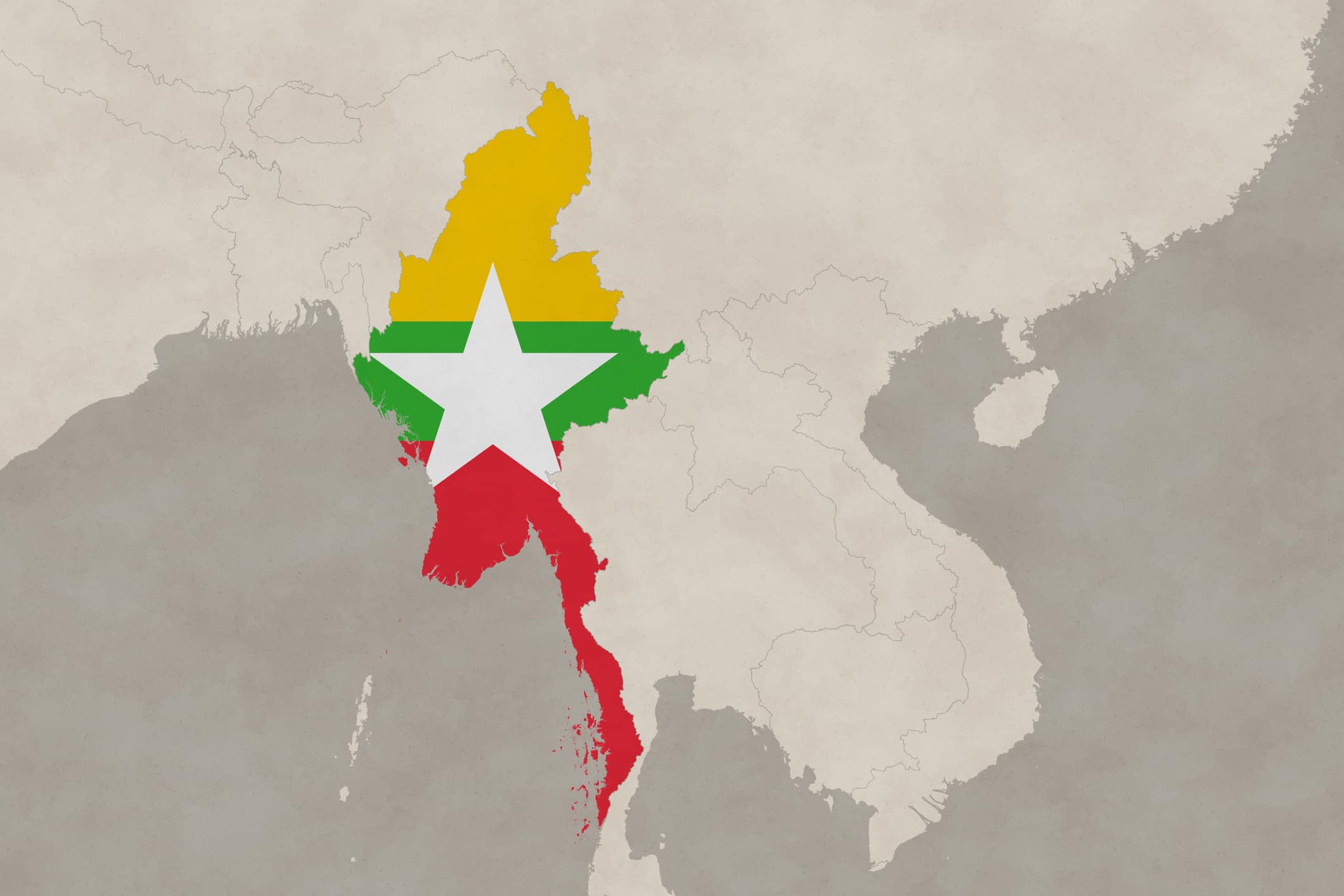 Serie di mappe asiatiche con Myanmar, vecchia carta, con bandiera