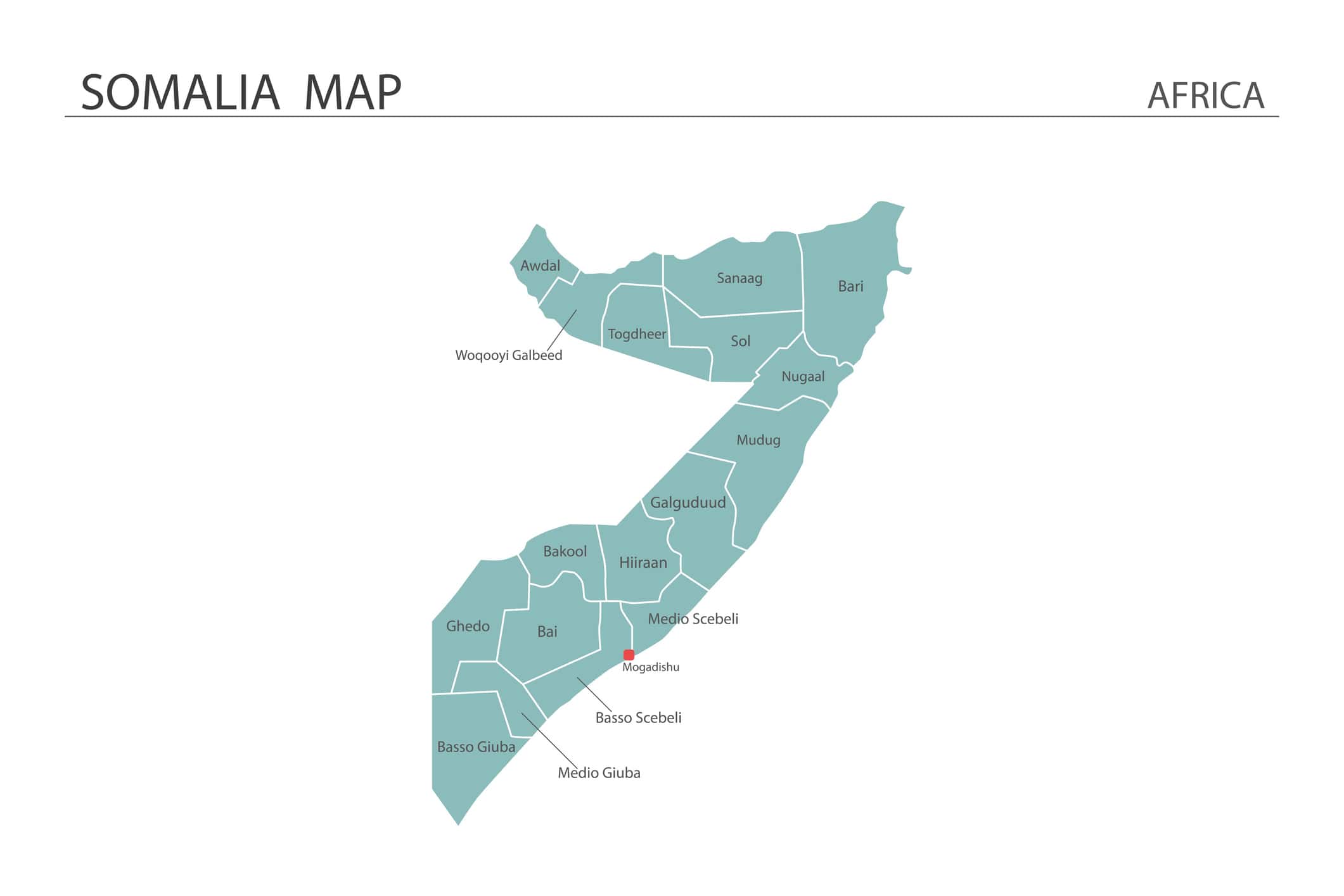 Illustrazione vettoriale della mappa della Somalia su sfondo bianco.  La mappa ha tutte le province e segna la capitale della Somalia.