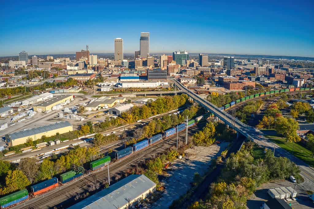 Omaha - Nebraska, Nebraska, Orizzonte urbano, Veduta aerea, Stati Uniti d'America