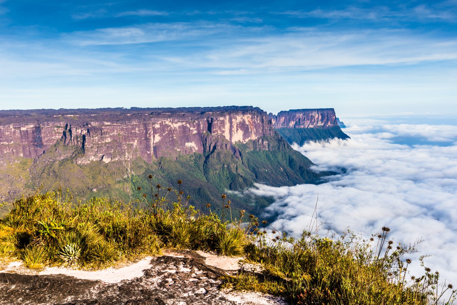 Vista dal Roraima tepui sul Kukenan tepui nella nebbia - Venezuela, America Latina 