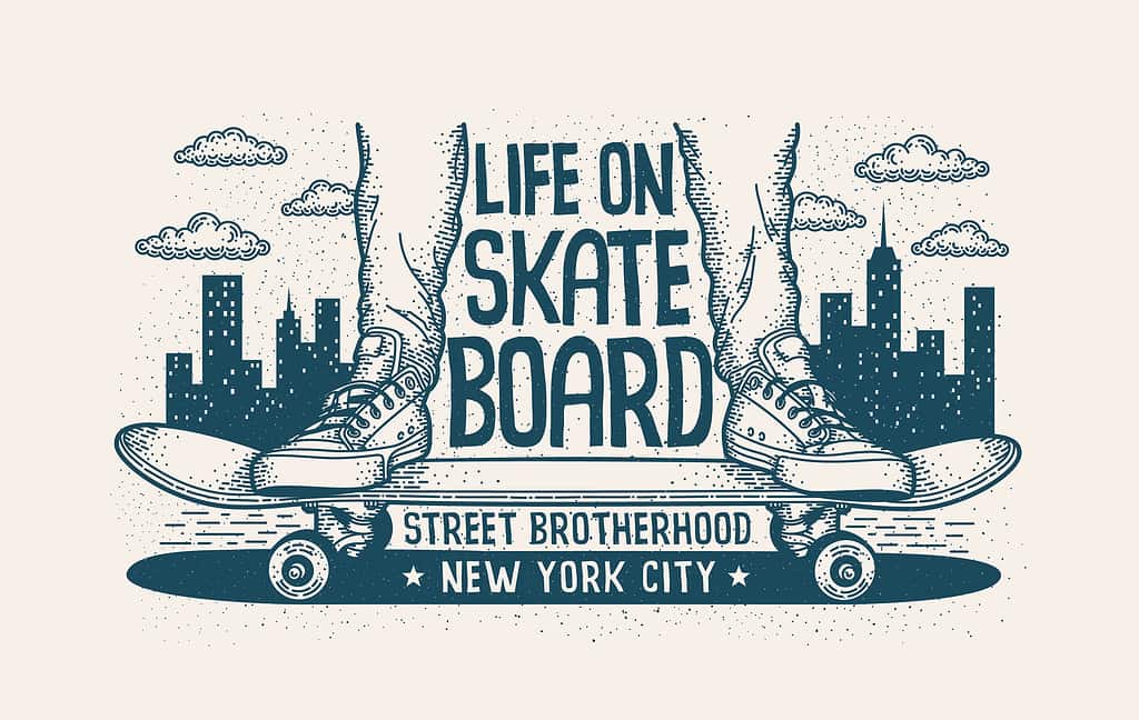 Gambe in scarpe da ginnastica su skateboard urbana autentica illustrazione retrò