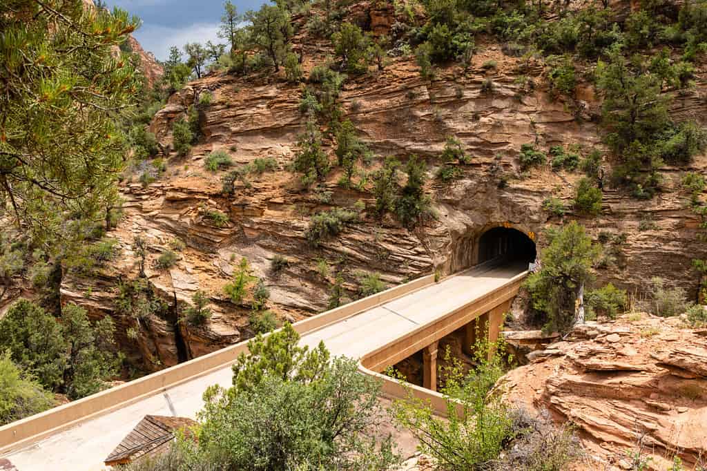 Vista del tunnel Zion-Mount Carmel dal Canyon Overlook Trail nel Parco nazionale di Zion, Utah