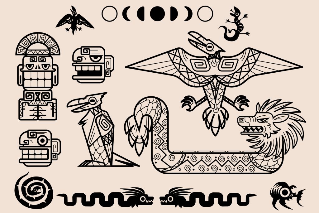 Insieme di modelli Maya o Aztechi, elementi tribali