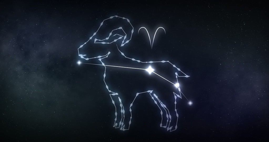 Immagine del segno Ariete con stelle su sfondo nero.  Segni zodiacali, stelle e concetto di oroscopo immagine generata digitalmente.