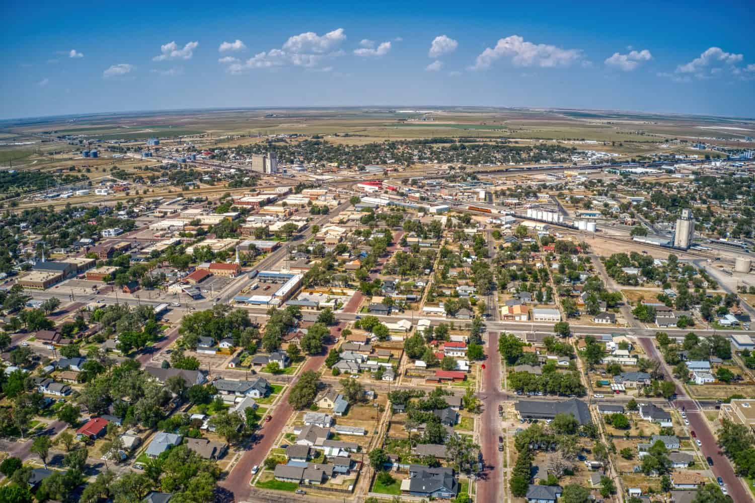 Veduta aerea del polo agricolo e della città di Dalhart, Texas