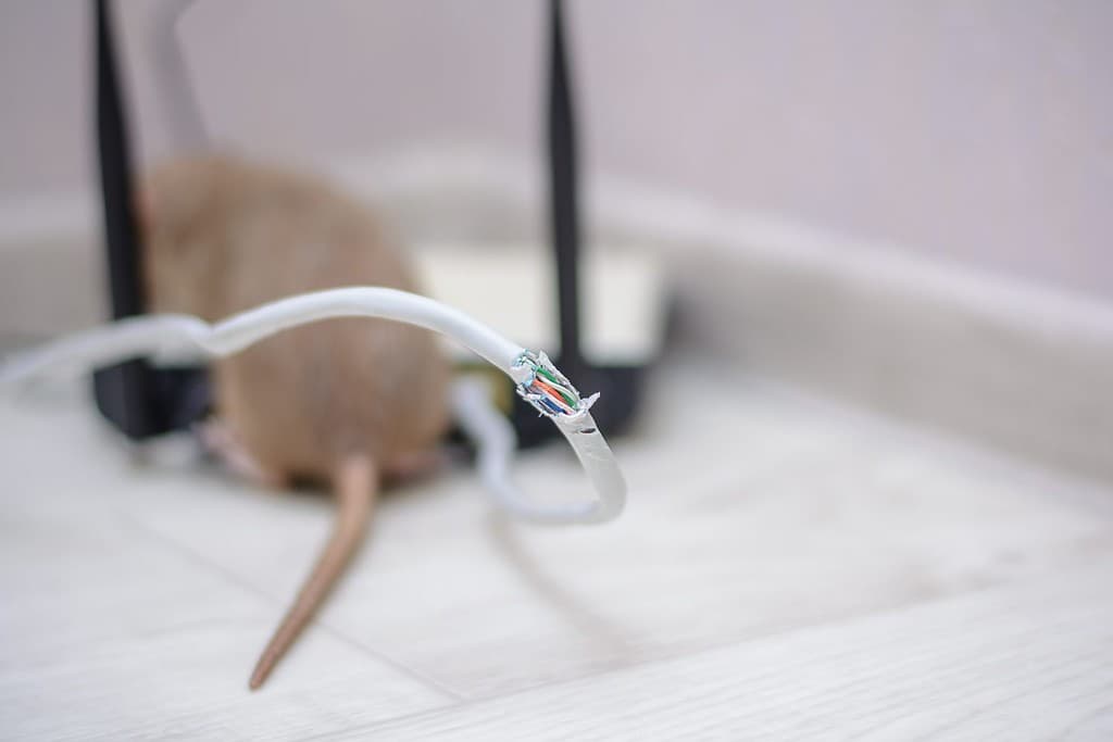 cavi danneggiati dalla connessione Internet.  Il ratto ha rosicchiato il doppino intrecciato e il connettore del router di casa