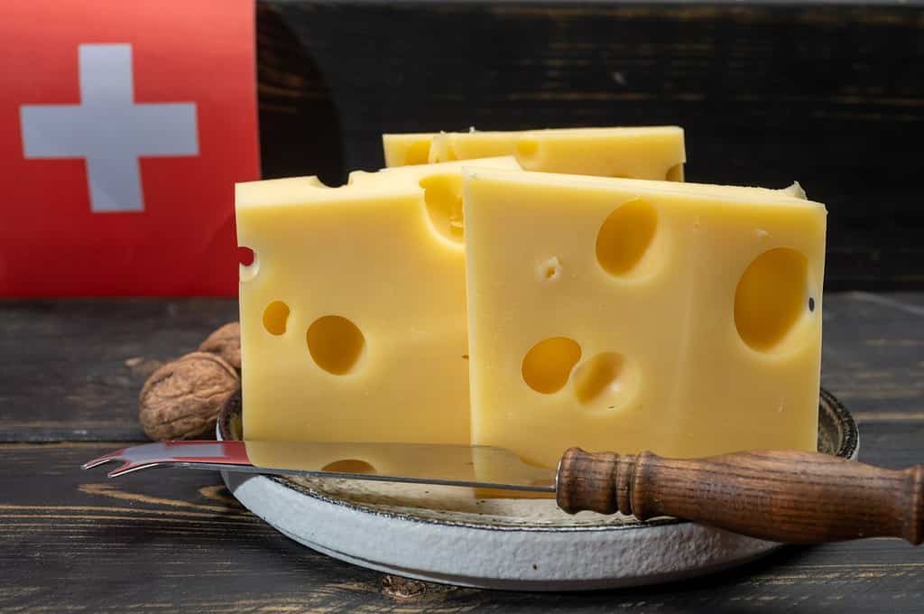 Blocco di formaggio svizzero giallo medio-duro emmental o emmentaler con fori rotondi e coltello da formaggio e bandiera della Svizzera da vicino